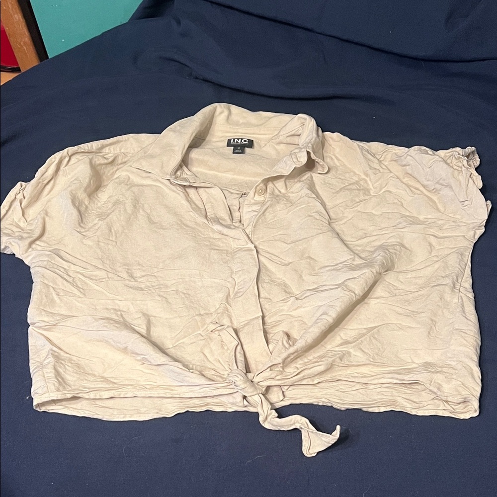 ING Women's Beige Linen Button-Down Tie-Front Shirt